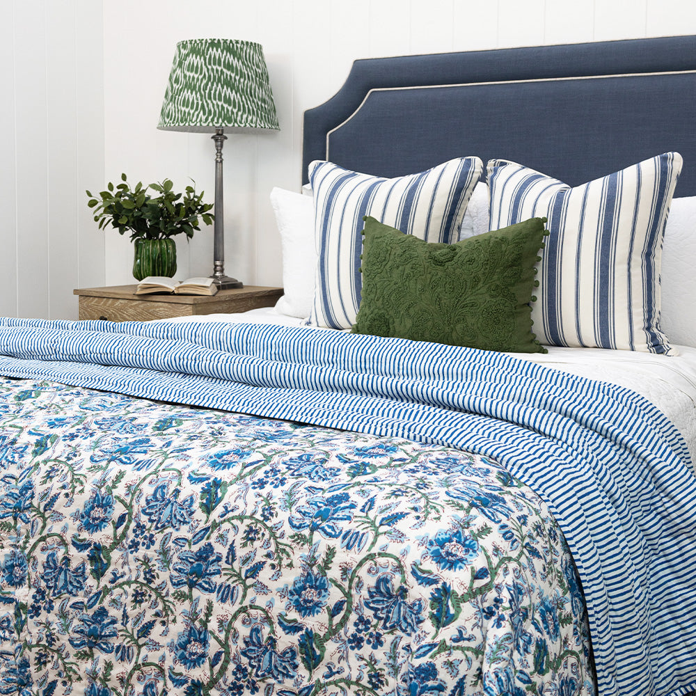 Cerulean Blue Floral & Stripe Quilt