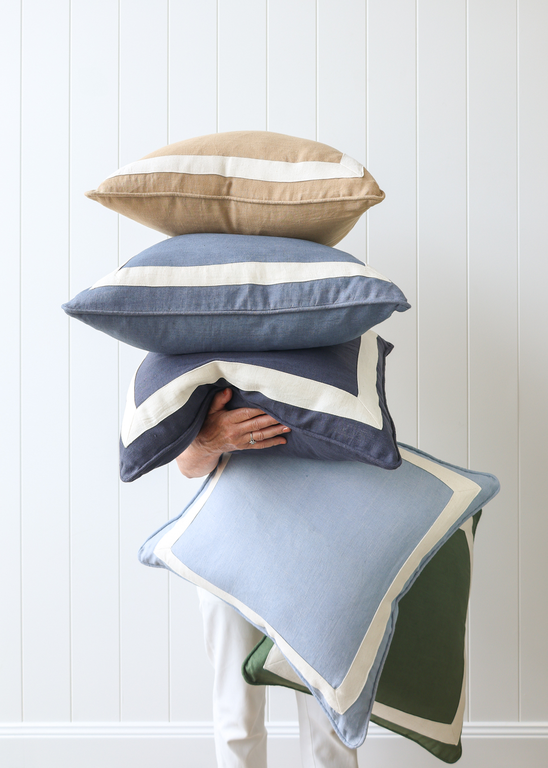 Pale Blue Linen Ivory Border Cushion