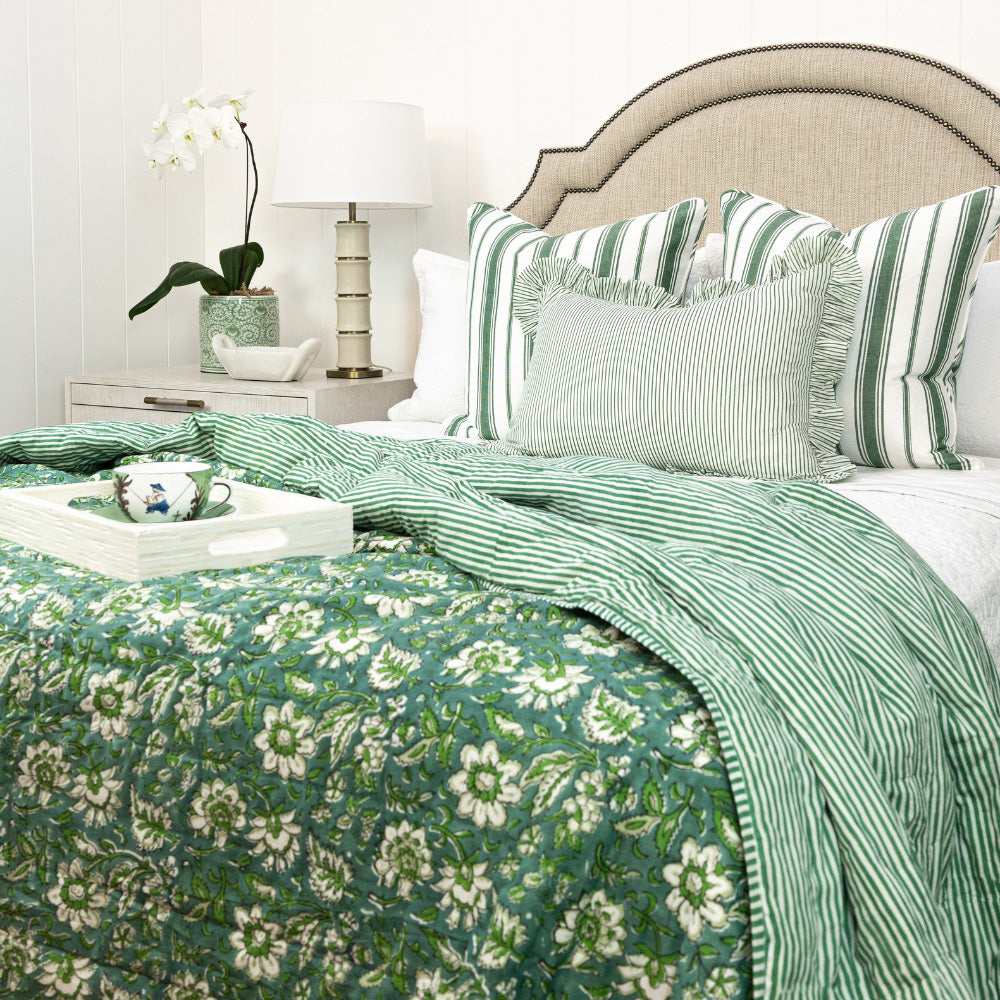 Jade Green Floral & Stripe Quilt