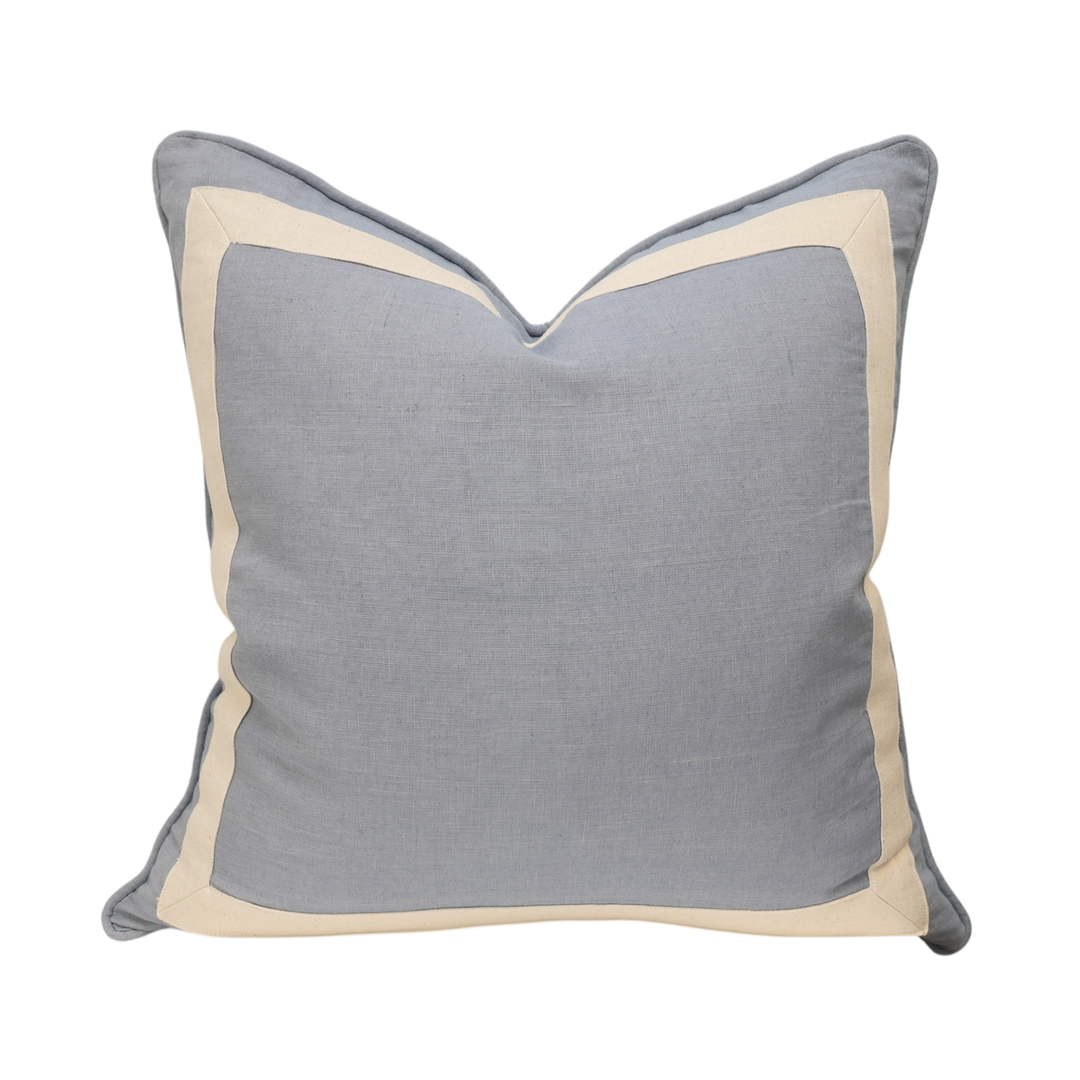 Pale Blue Linen Ivory Border Cushion