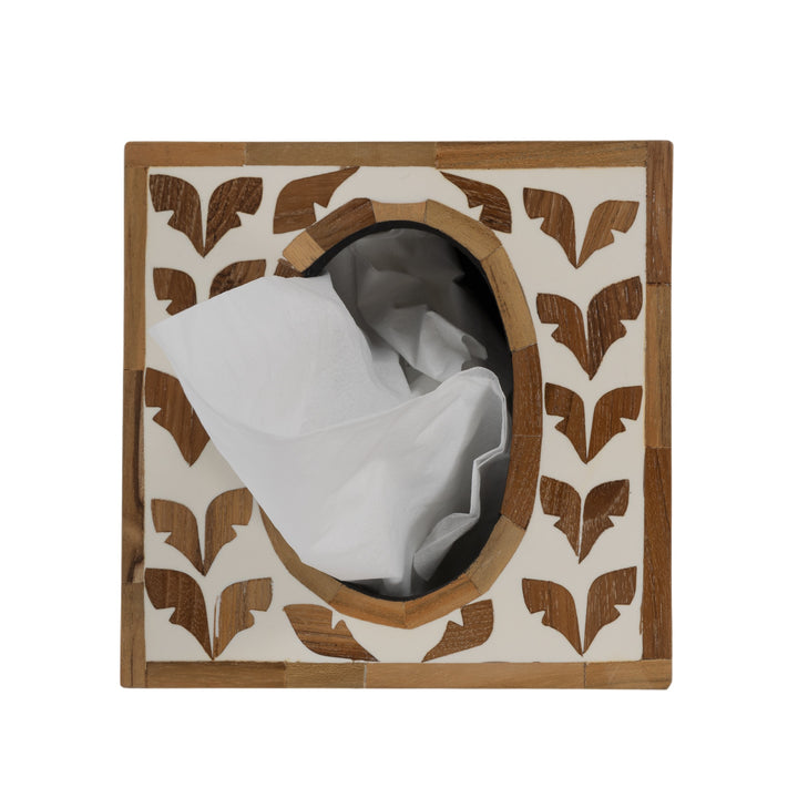 Teak Inlay Square Tissue Box