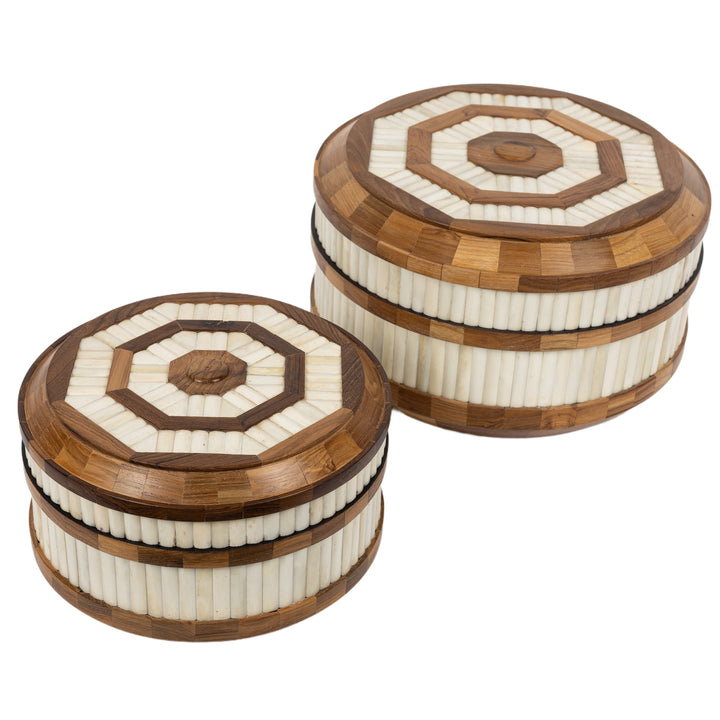 Teak Wood And Bone Round Box Large