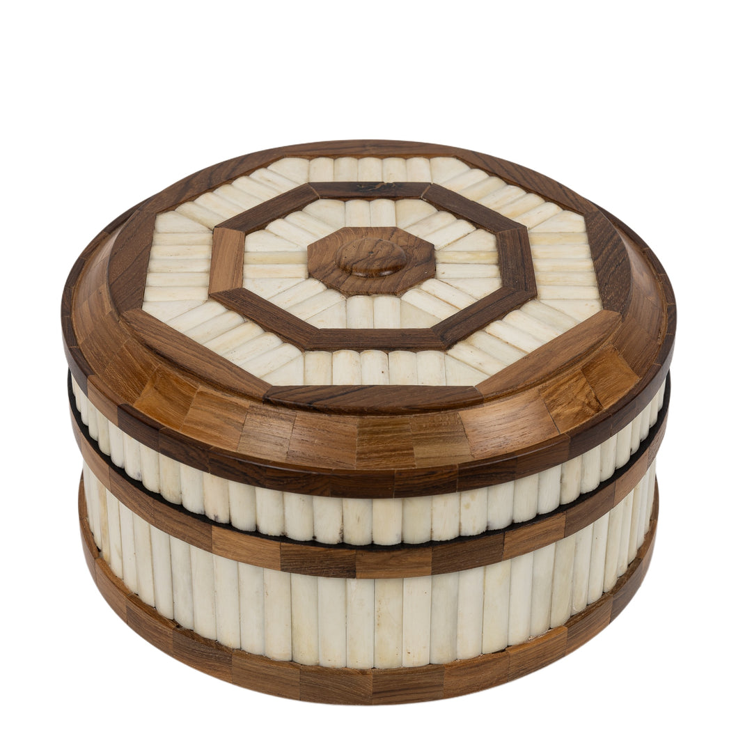 Teak Wood And Bone Round Box Large