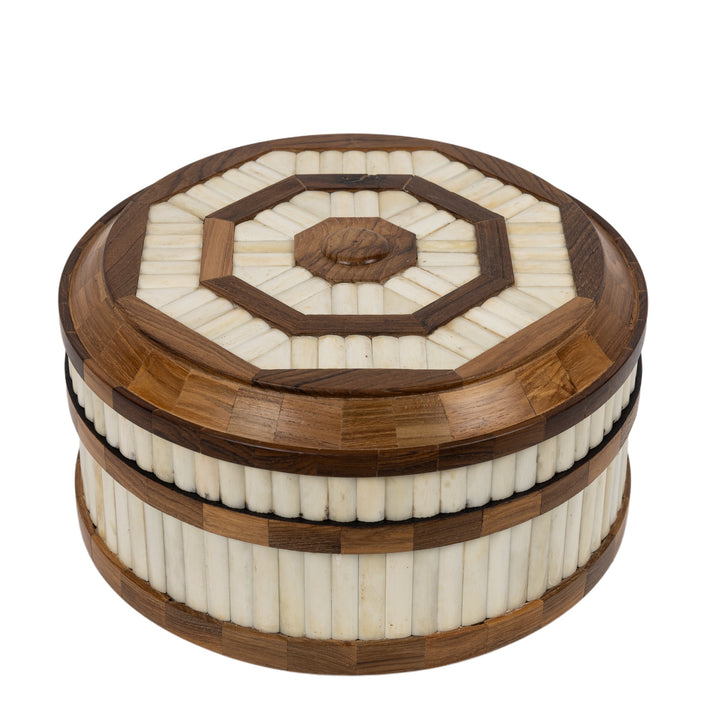 Teak Wood And Bone Round Box Large