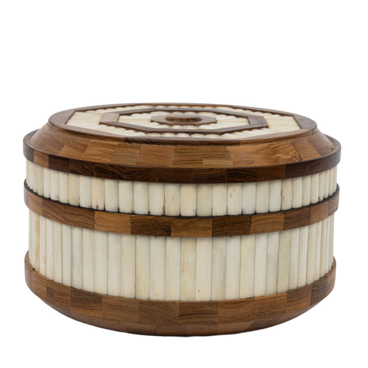 Teak Wood And Bone Round Box Large