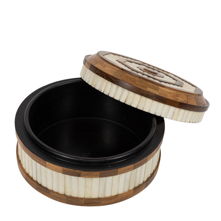 Teak Wood And Bone Round Box Large