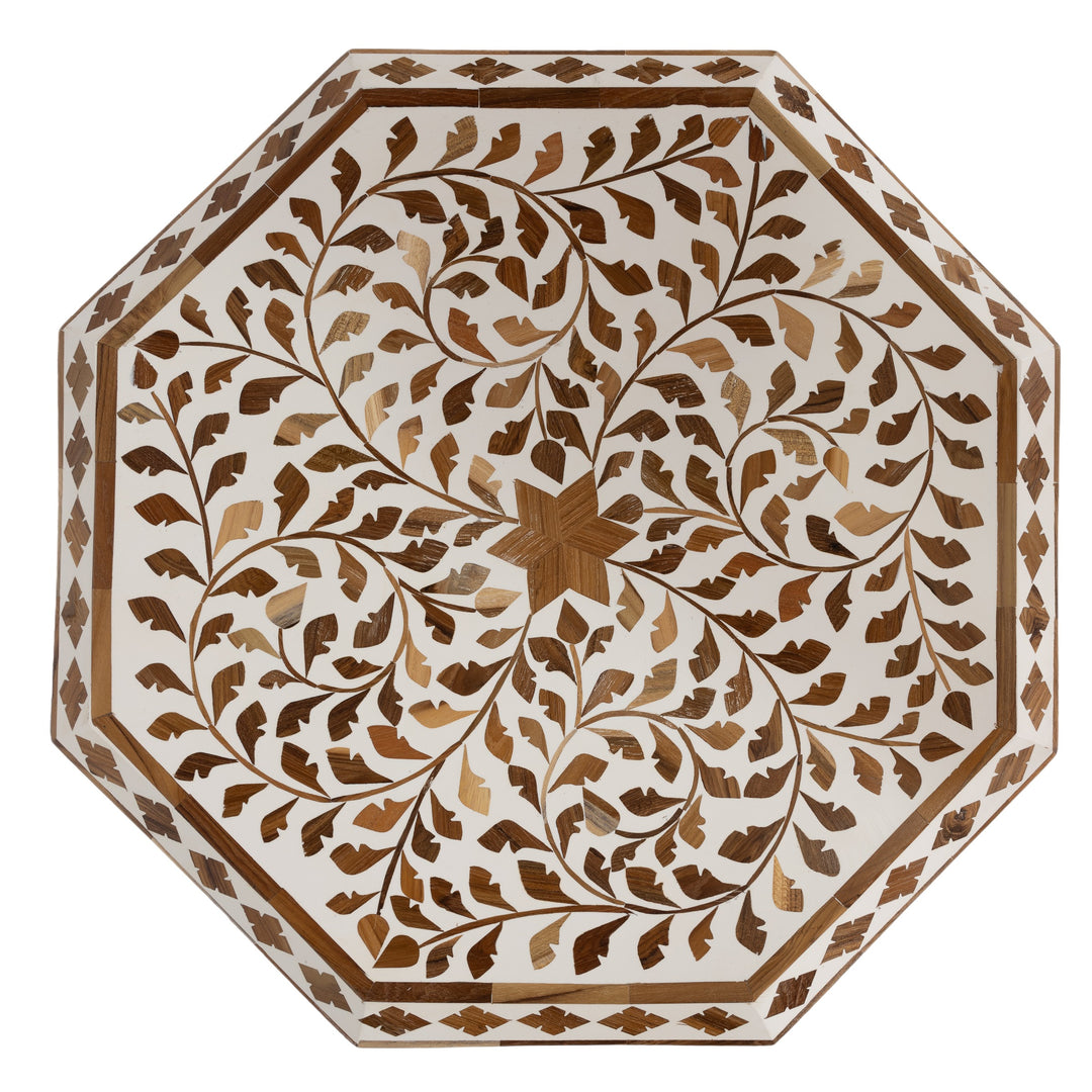 White & Teak Inlay Side Table
