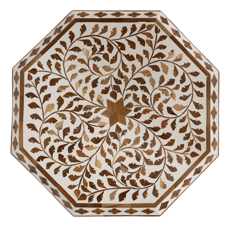 White & Teak Inlay Side Table