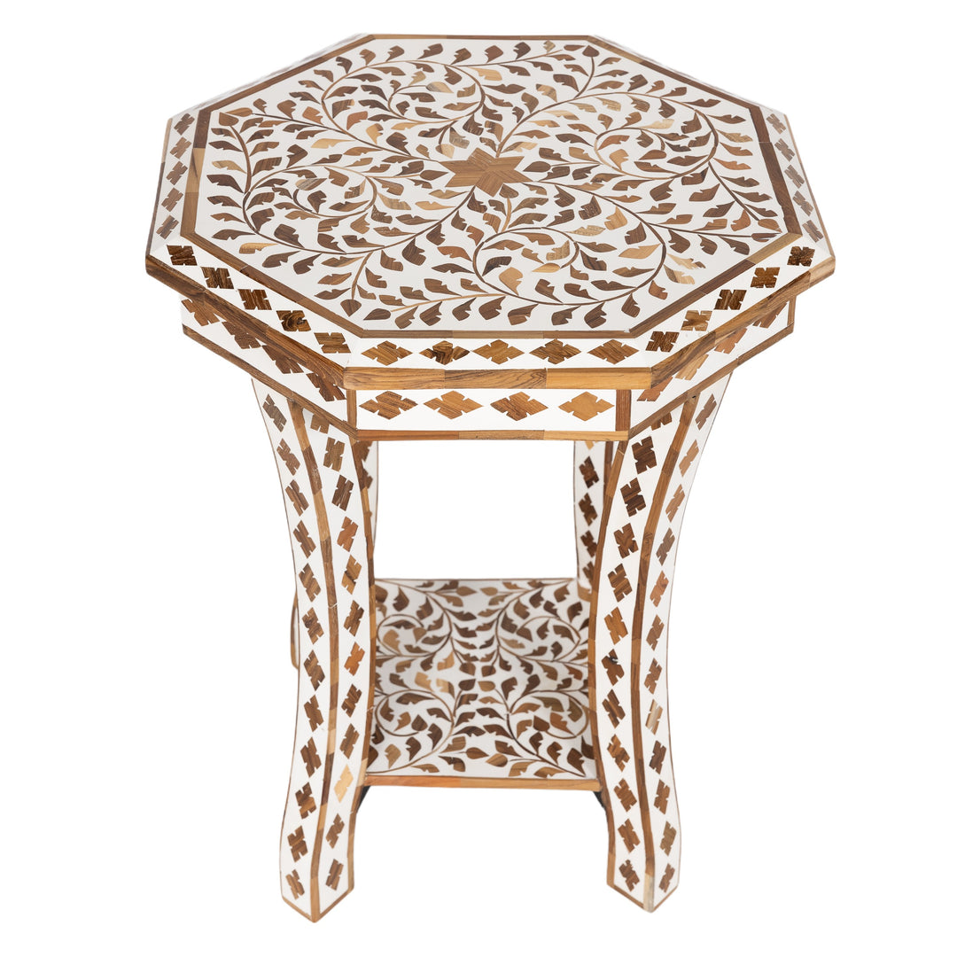 White & Teak Inlay Side Table