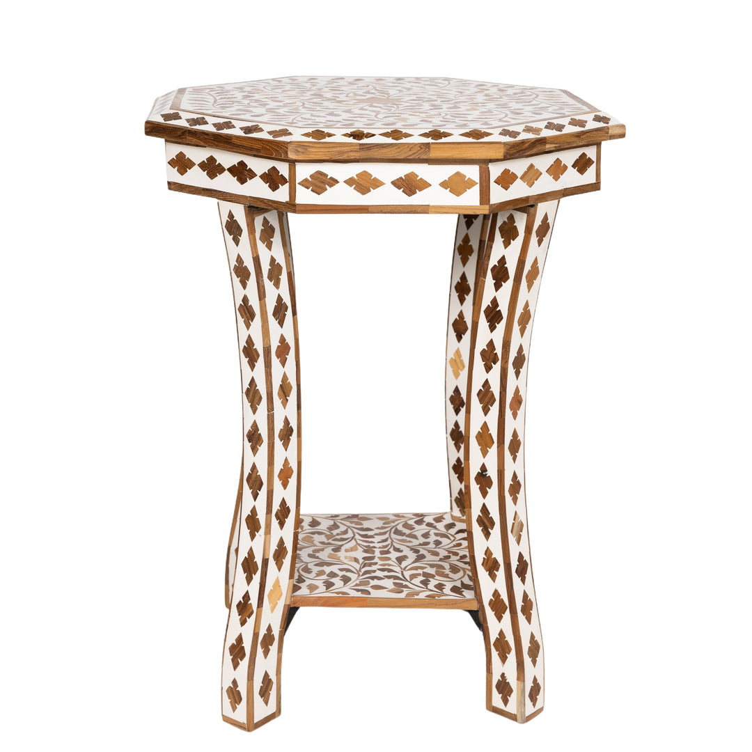 White & Teak Inlay Side Table