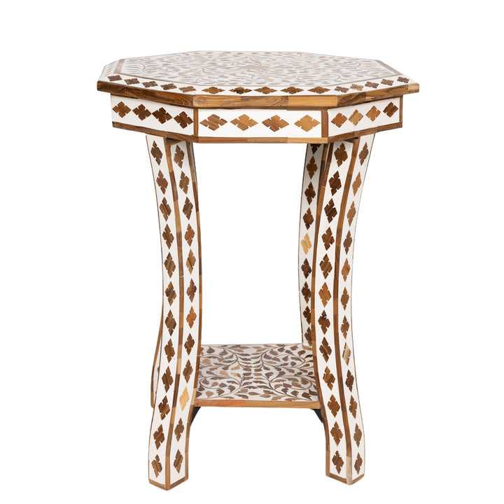 White & Teak Inlay Side Table