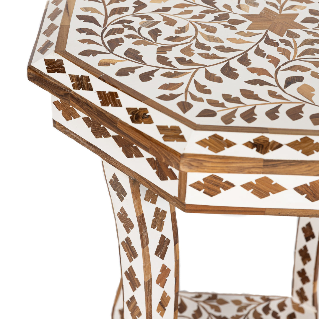 White & Teak Inlay Side Table
