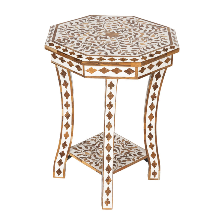 White & Teak Inlay Side Table