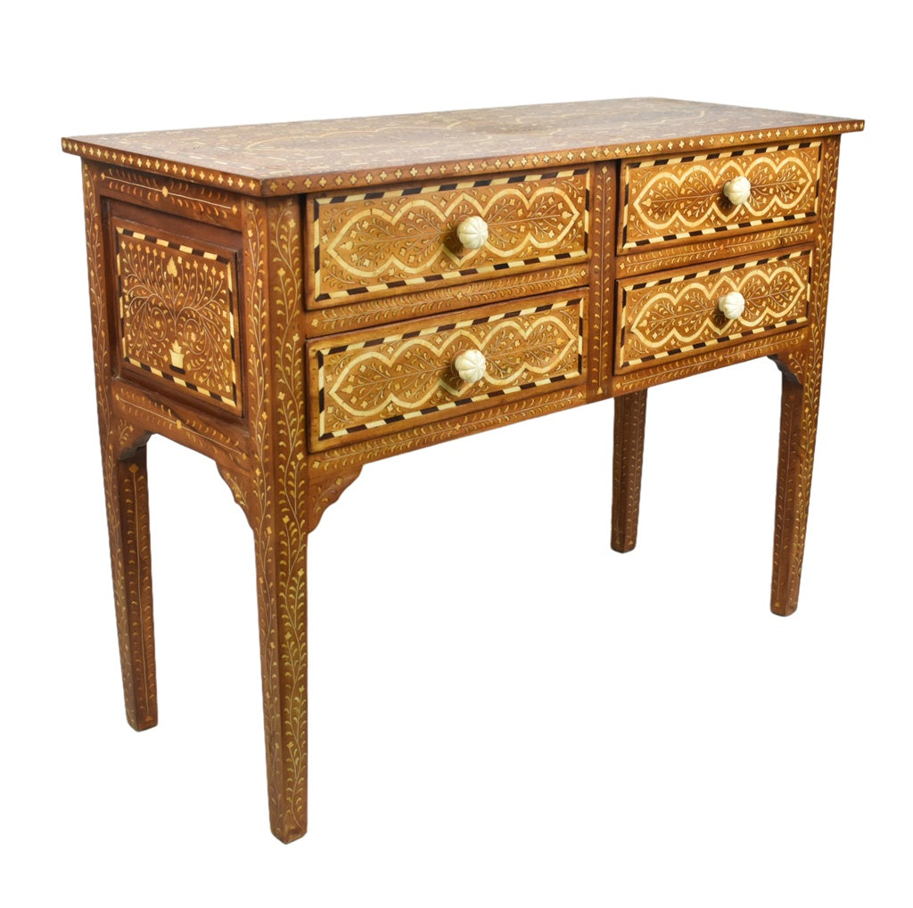 Teak console with bone inlay detailing, four drawers and scalloped bone knobs