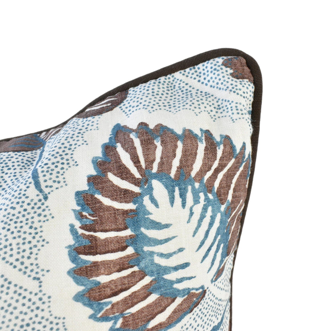 Close up image of floral pattern with petrol blue tones, chocolate brown, white and piped detailing