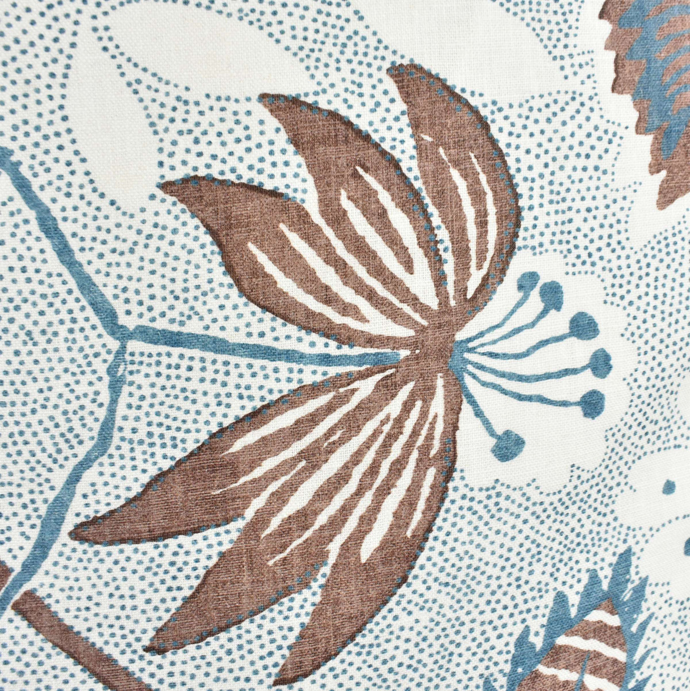 Close up image of floral pattern with petrol blue tones, chocolate brown and white