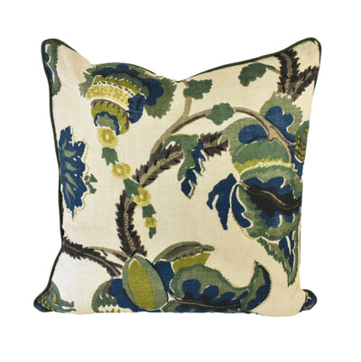 Close up front image of adriana green cushion with botanical print in shades of green, brown and blue