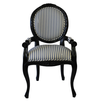 Front image of Agatha chair. With a hand rubbed black timber frame, four legs and a classic navy and ivory ticking striped upholstery on the front and back of the chair