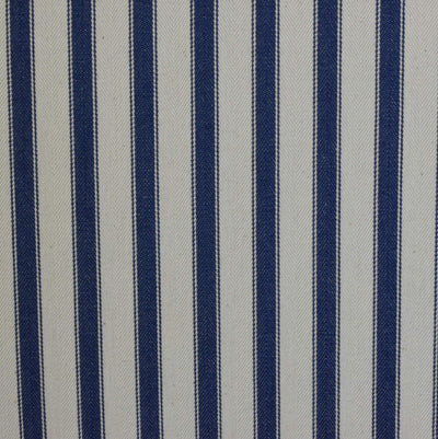 Close up image of blue and white ticking stripe upholstery