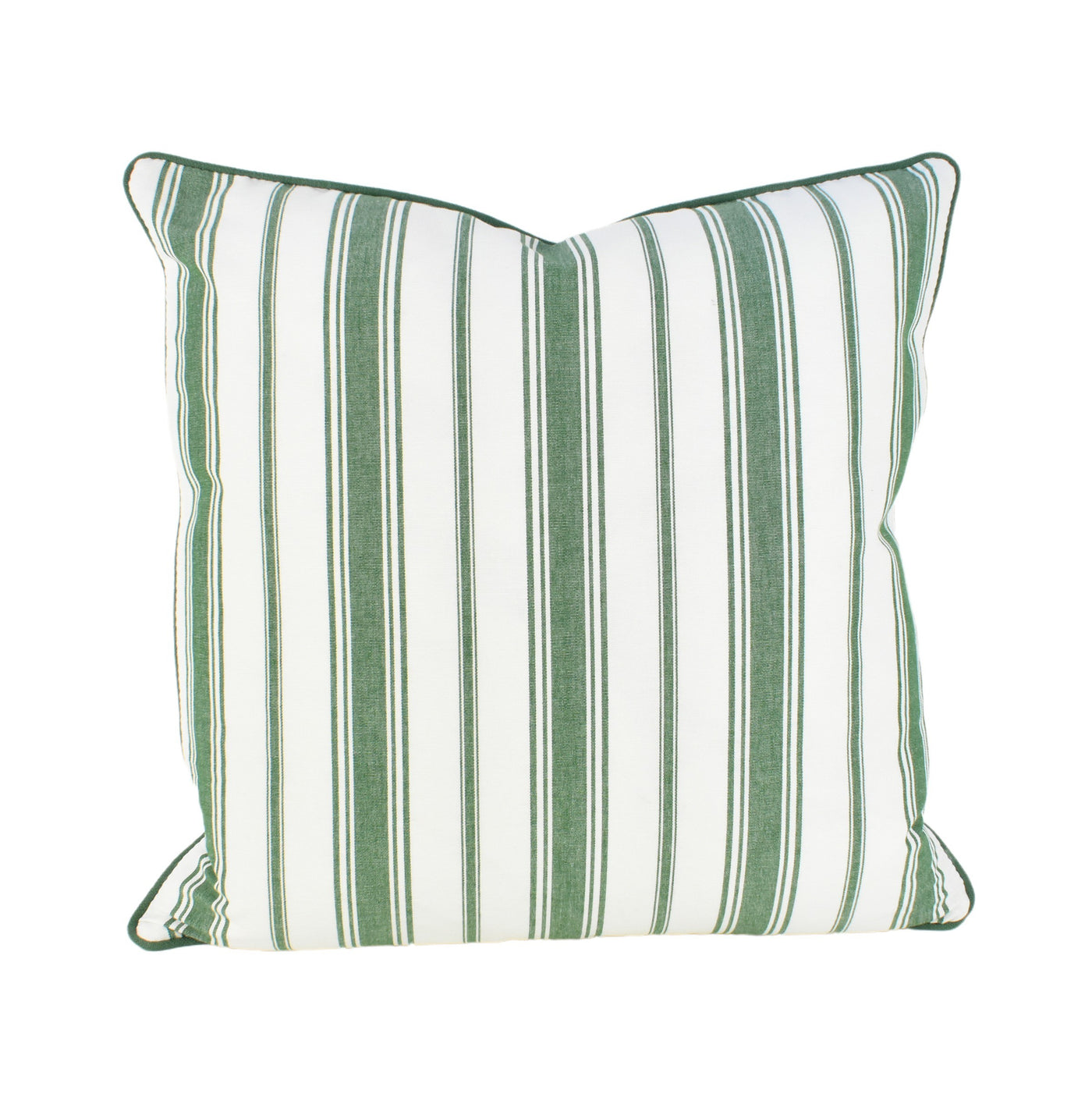 Front image of Allie Green Stripe Cushion with solid green piped edging