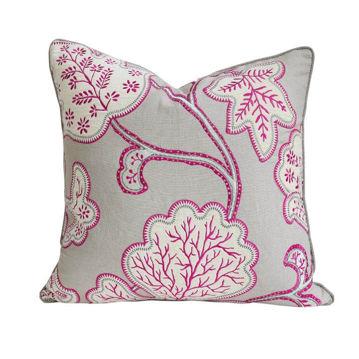 Beige & Pink Embroidered Floral Cushion