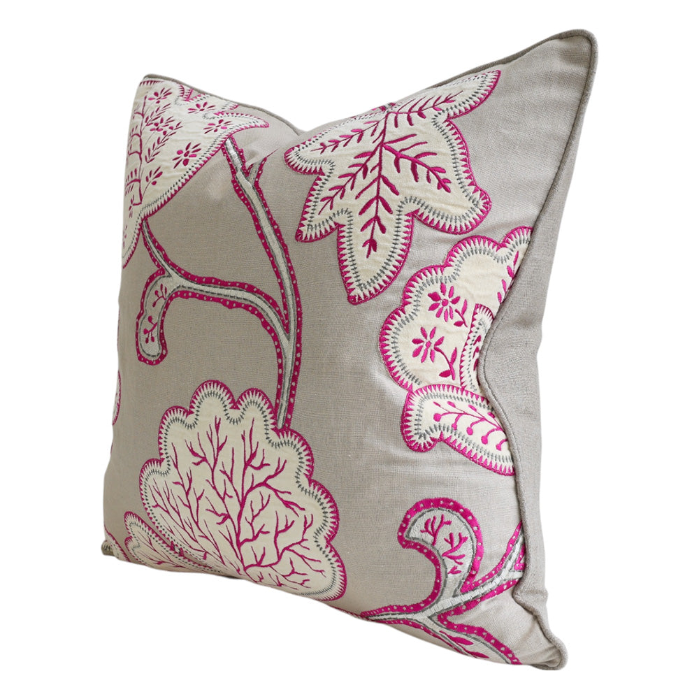 Beige & Pink Embroidered Floral Cushion