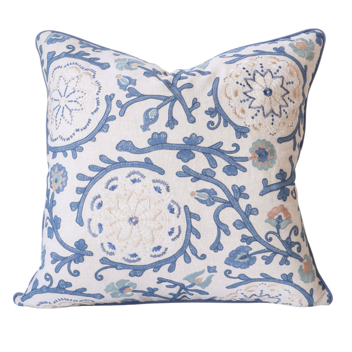 Blue Embroidered Floral Cushion