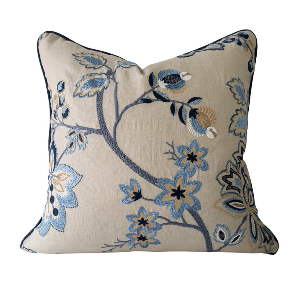 Blue & Taupe Embroidered Floral Cushion