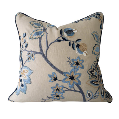 Blue & Taupe Embroidered Floral Cushion