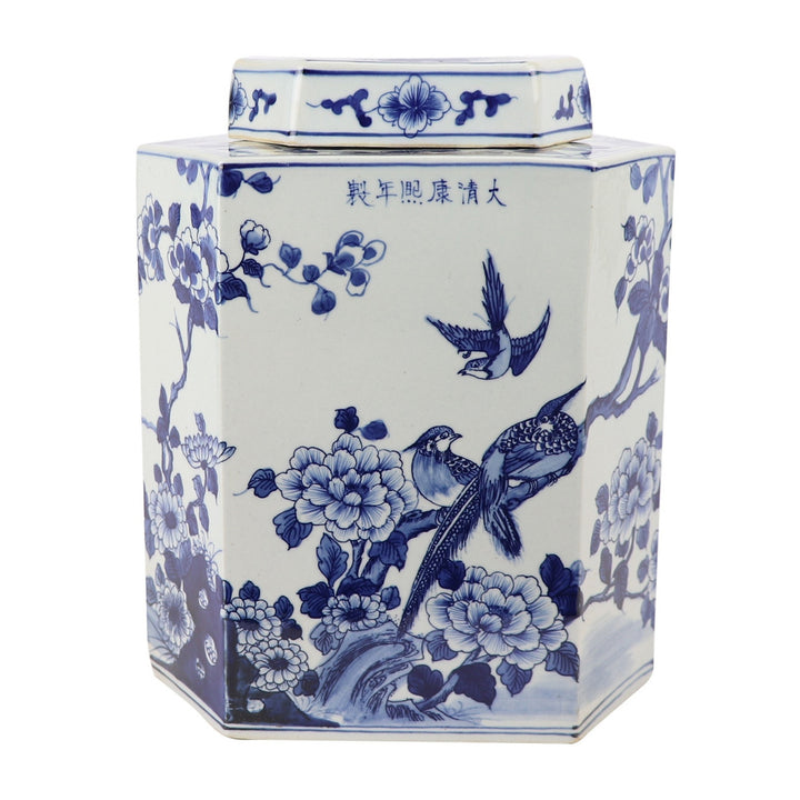 Blue And White Bird & Floral Hex Jar