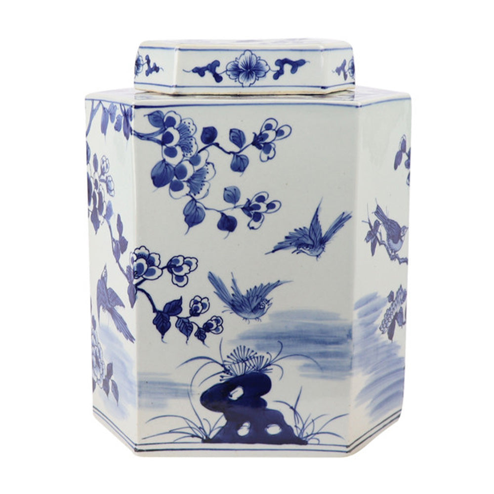 Blue And White Bird & Floral Hex Jar