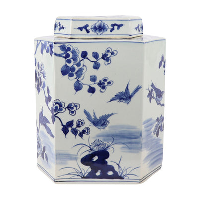 Blue And White Bird & Floral Hex Jar