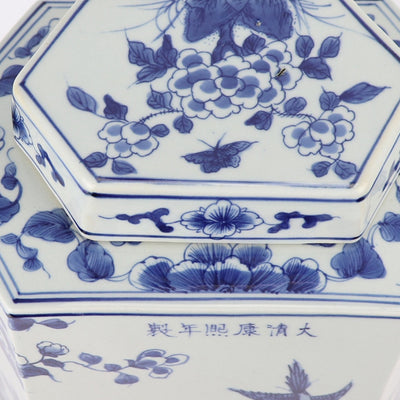Blue And White Bird & Floral Hex Jar