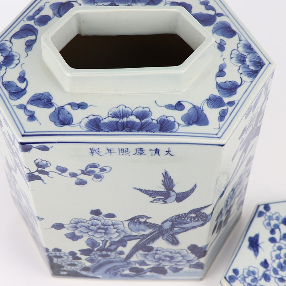Blue And White Bird & Floral Hex Jar