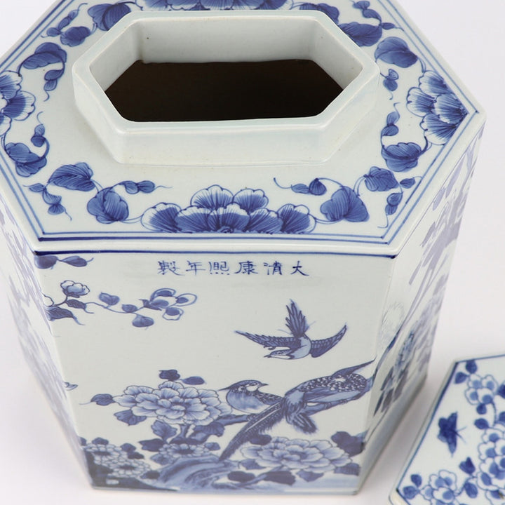 Blue And White Bird & Floral Hex Jar