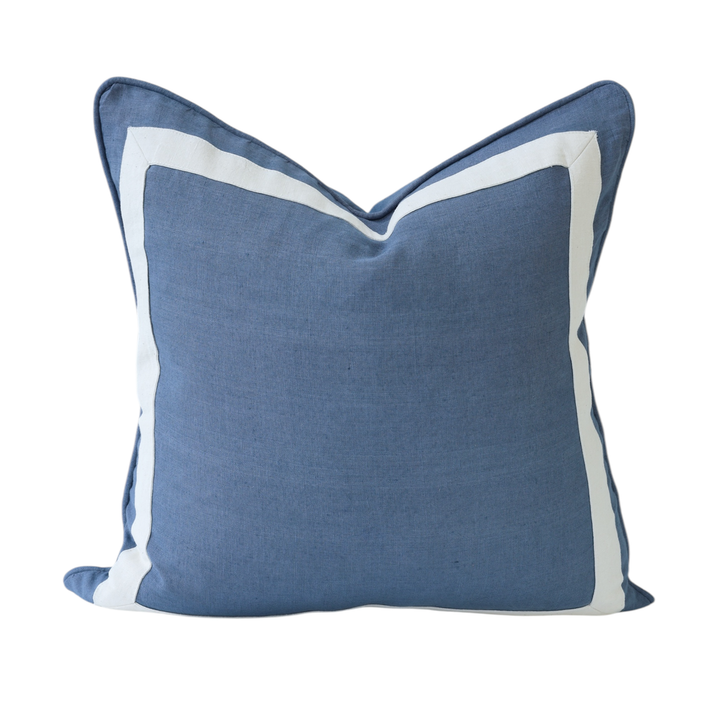 Blue Linen Ivory Border Cushion