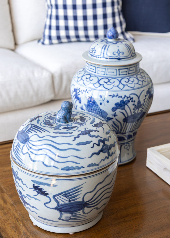 Blue And White Phoenix Round Jar