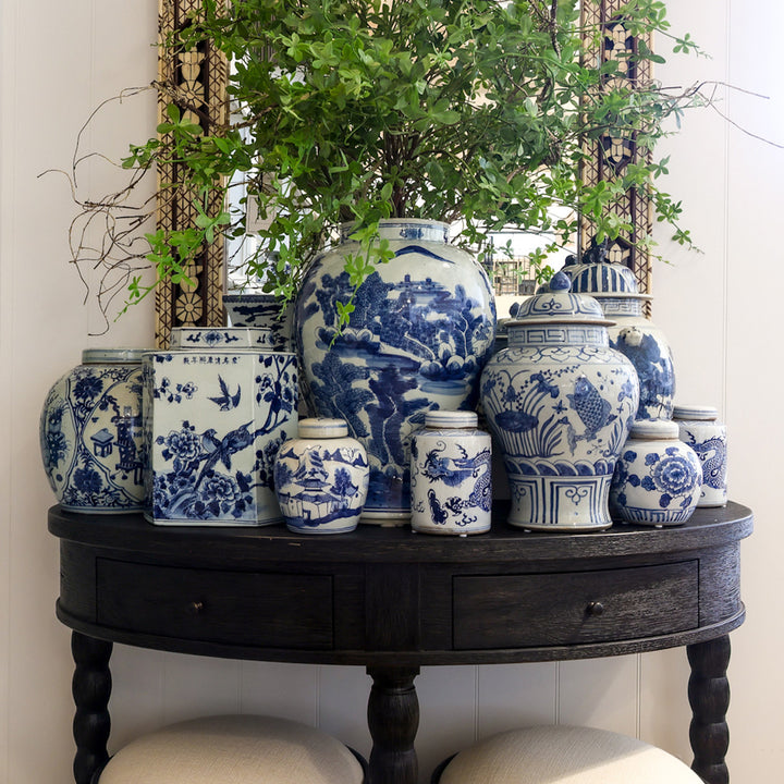 Blue And White Bird & Floral Hex Jar