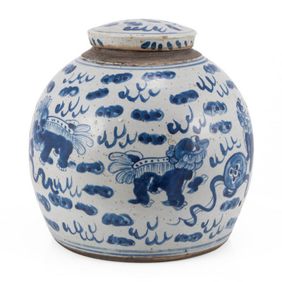 Blue & White Lion Ming Jar Lrg
