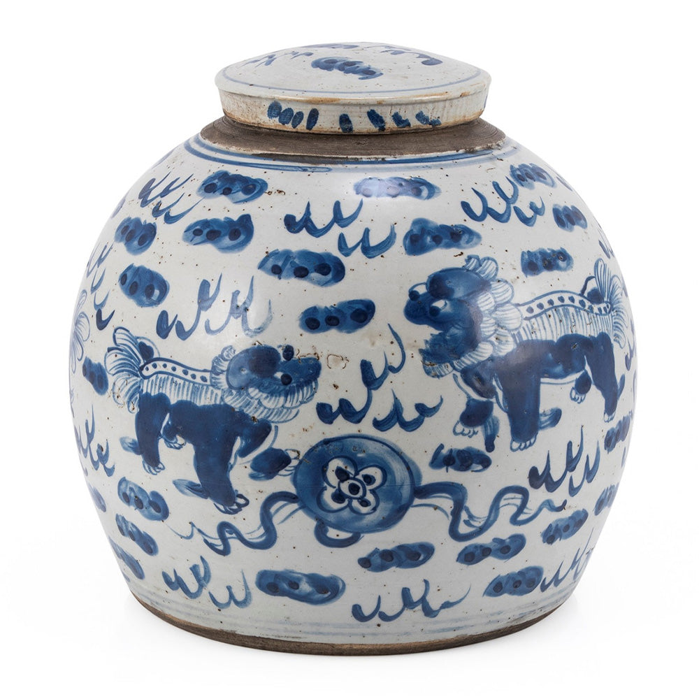 Blue & White Lion Ming Jar Lrg