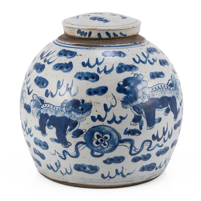 Blue & White Lion Ming Jar Lrg