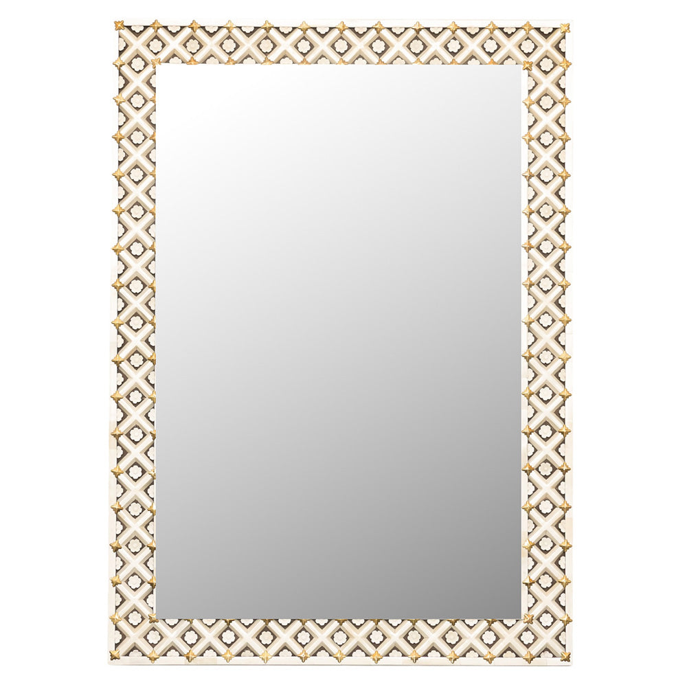 Decorative mirror with a geometric lattice frame on a cream background