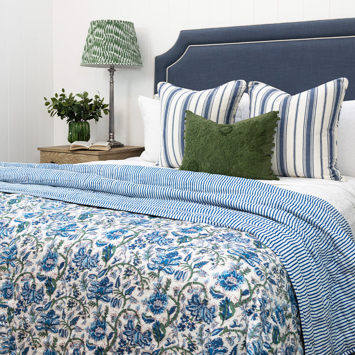 Cerulean Blue Floral & Stripe Quilt