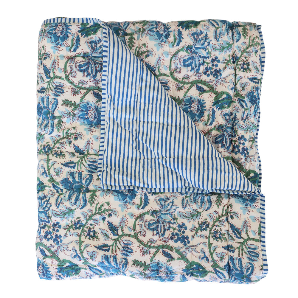 Cerulean Blue Floral & Stripe Quilt