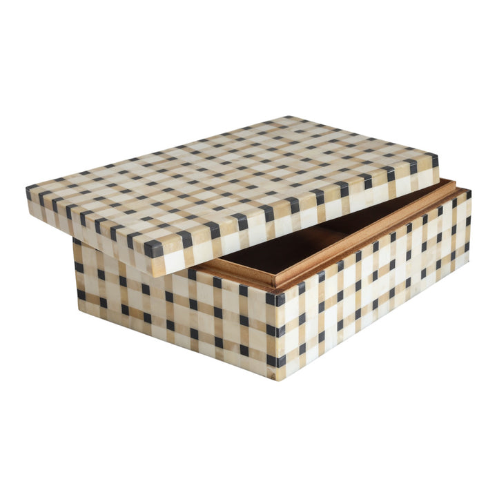 Checkered storage box with a wooden interior on a white background