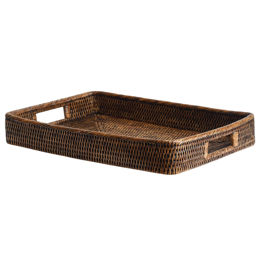 Woven rattan tray on a white background