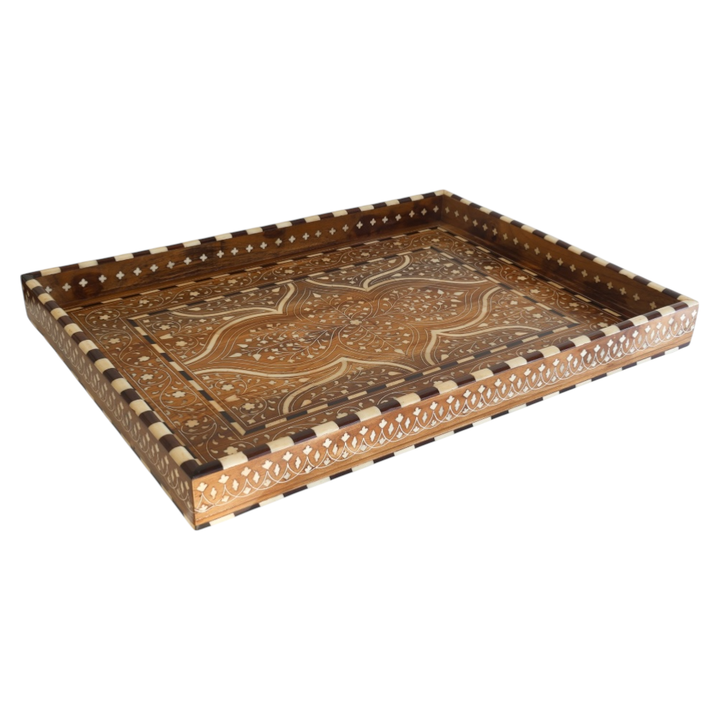 Large Decorative Teak Inlay Tray