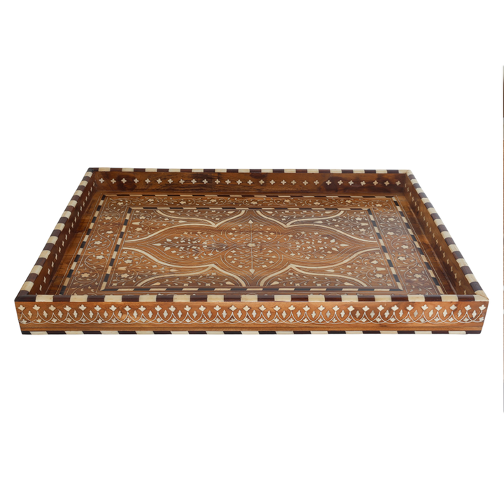 Large Decorative Teak Inlay Tray