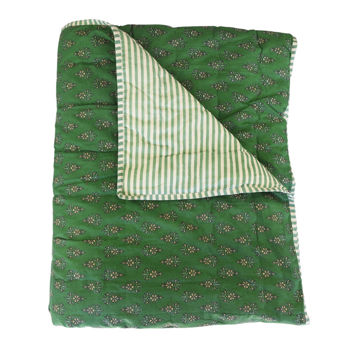 Forest Green Flower & Stripe Quilt