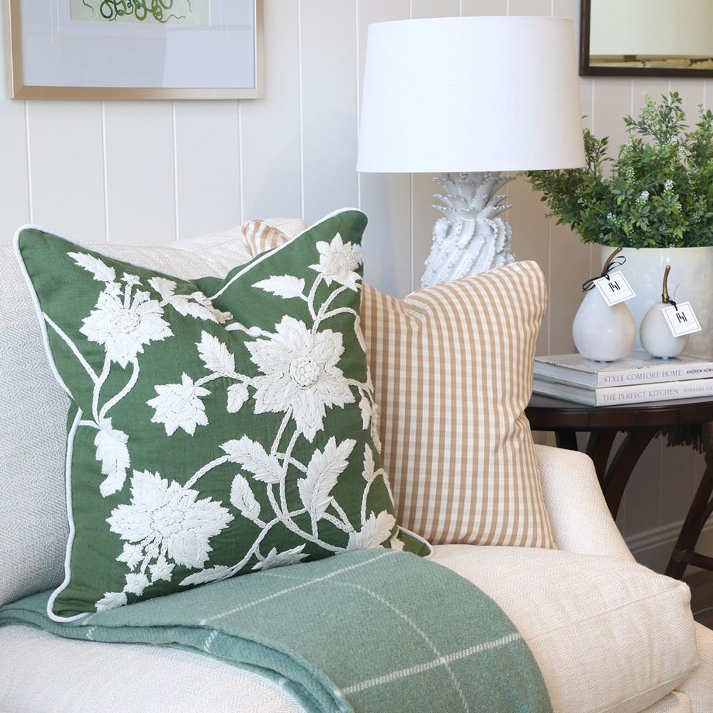 Green & White Embroidered Floral Cushion